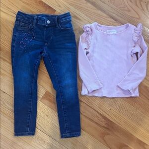 Jumping Beans Heart Embellished Denim Jeans and Pink Ruffle Long Sleeve Top 4T